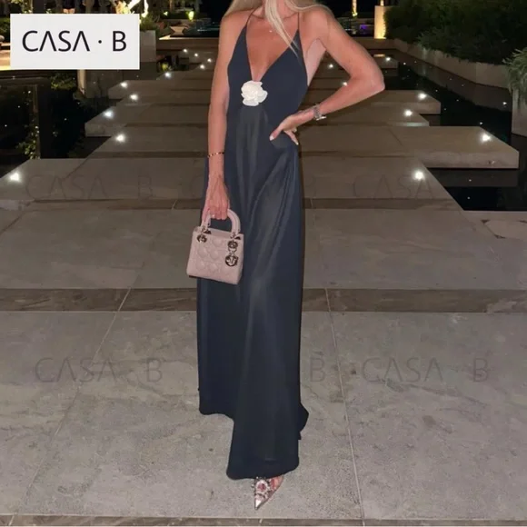 NEW!💫CASA B| Madeline Rosette flower Appliqué Deep V Sheer Long Slip Maxi Dress - Picture 9 of 11